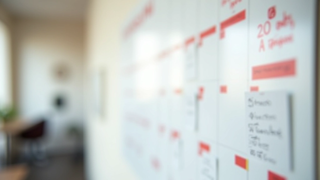 Calendrier mural avec dates marquées en rouge montrant les jalons des premières semaines de vente