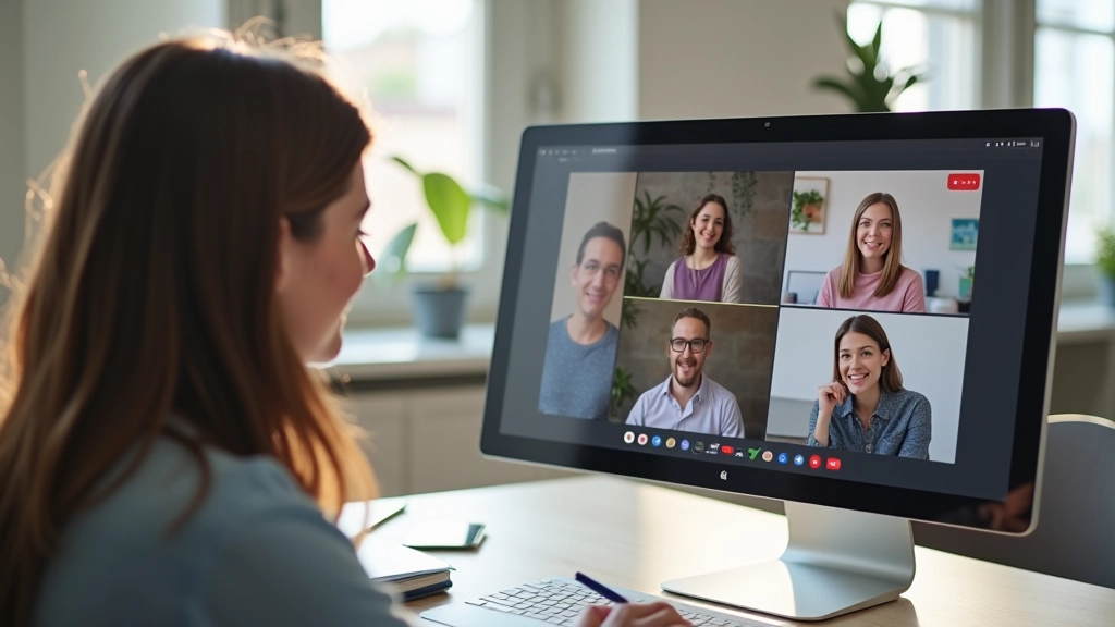 Groupe de quatre personnes en réunion virtuelle sur écran d'ordinateur, sourires et discussion animée