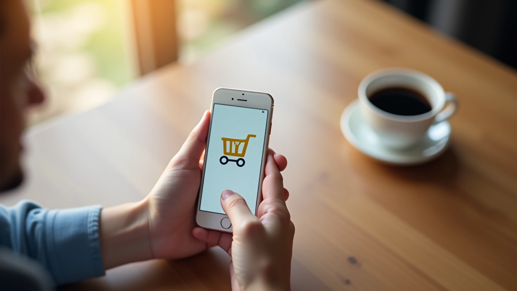 Mains tenant un téléphone mobile affichant une interface de vente en ligne sur un bureau en bois