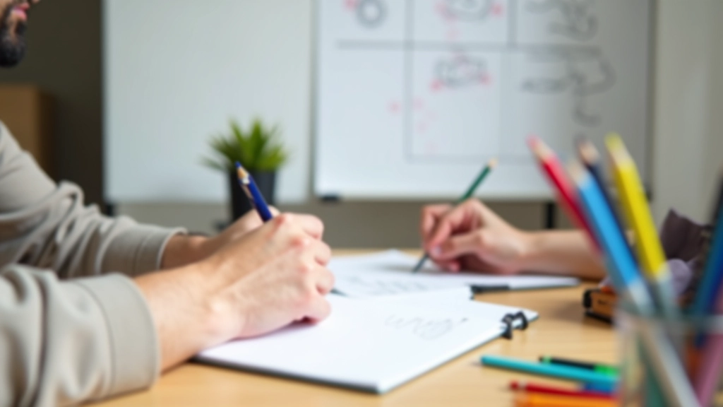 Deux mains écrivant dans un carnet avec des stylos colorés, tableau blanc en arrière-plan avec des idées écrites