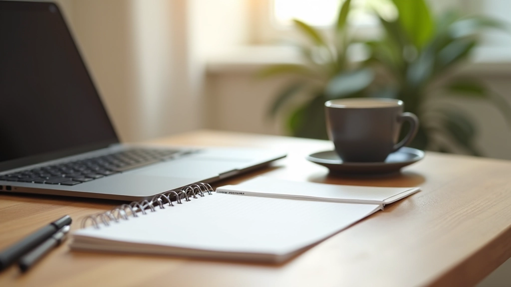 Espace de travail moderne avec ordinateur portable, cahier et notes manuscrites étalées sur un bureau en bois clair