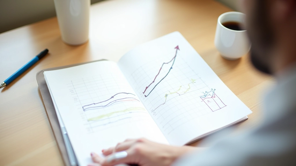 Cahier ouvert avec graphique manuscrit montrant une courbe de croissance des ventes