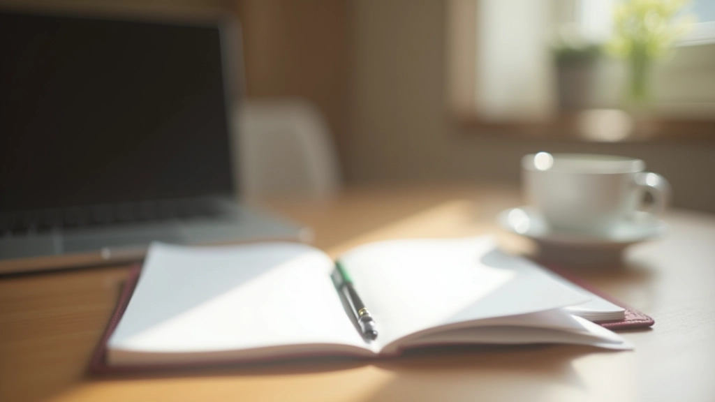 Carnet de notes ouvert avec stylo, tasse de café, bureau minimaliste, lumière douce, composition soignée