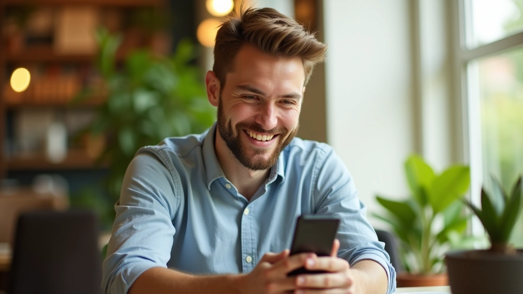 Personne assise au bureau, souriant, environnement de travail moderne