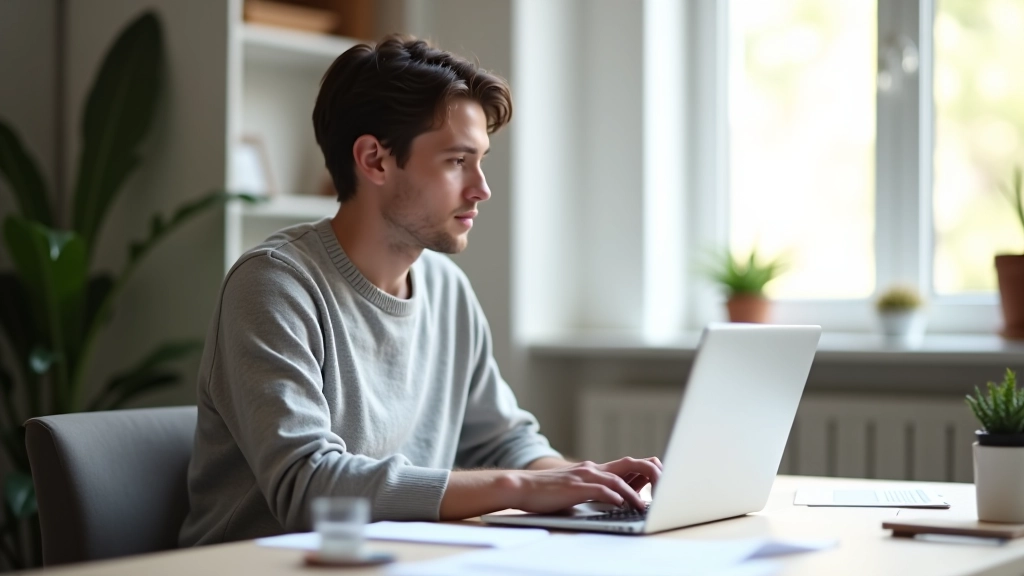 Personne travaillant sur ordinateur portable dans un environnement de travail moderne avec notes manuscrites et café
