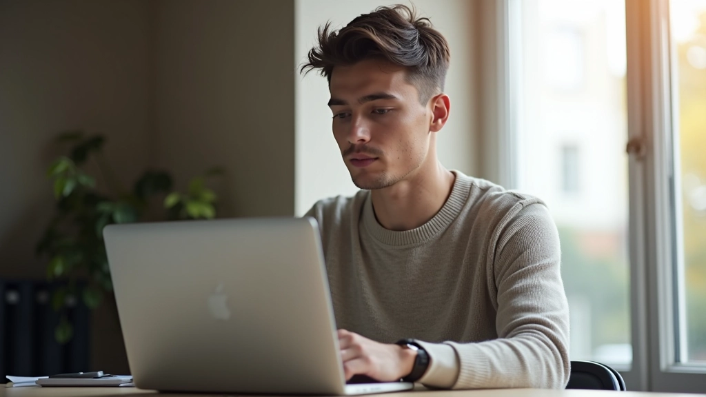 Personne assise à un bureau en bois avec un ordinateur portable, un carnet et un stylo, travaillant sur une tâche en ligne avec une concentration visible