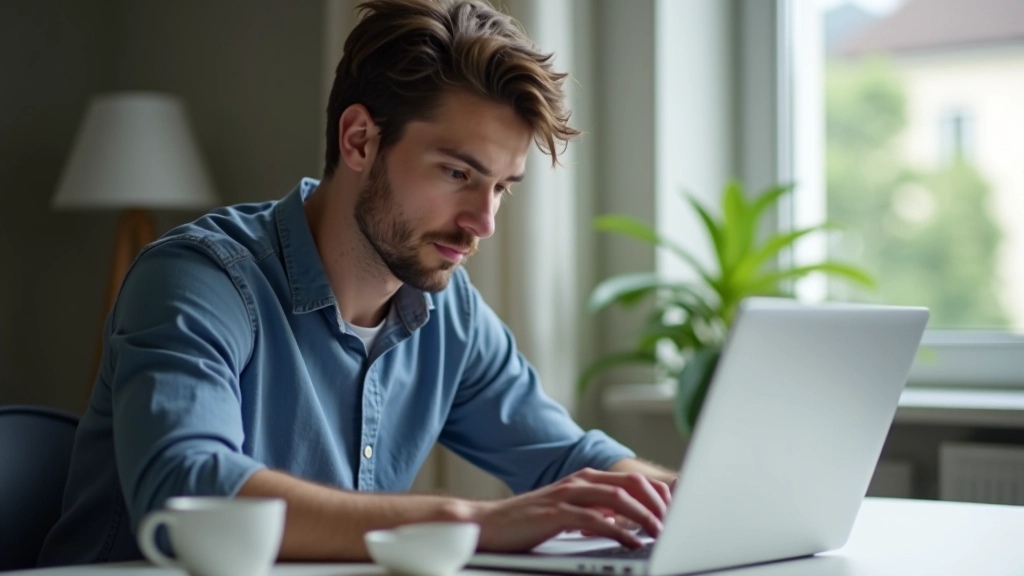 Personne travaillant sur ordinateur portable au bureau, café à proximité, lumière naturelle de fenêtre, focus sur écran