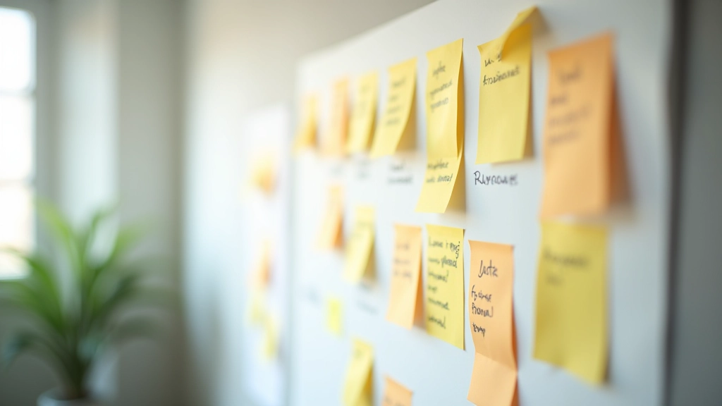 Notes manuscrites et post-its colorés organisés sur un mur blanc avec objectifs et stratégies écrites