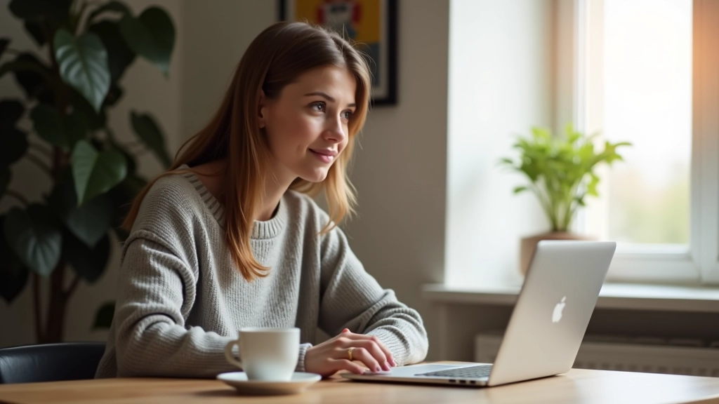 Personne utilisant un ordinateur portable avec des graphiques de vente sur l'écran, café à côté, lumière naturelle douce