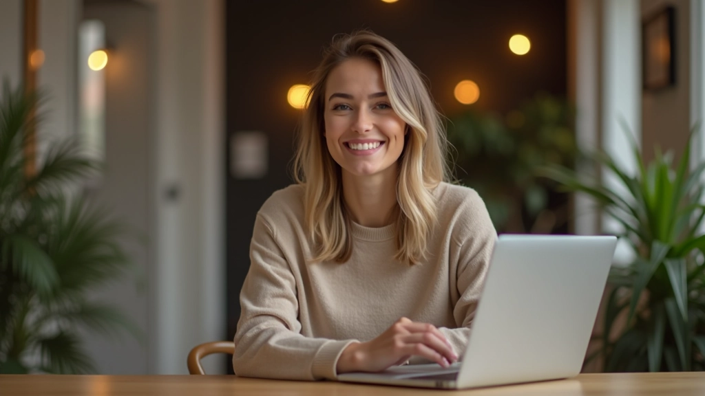 Femme assise à un bureau avec ordinateur portable, sourire confiant, environnement de travail moderne à domicile