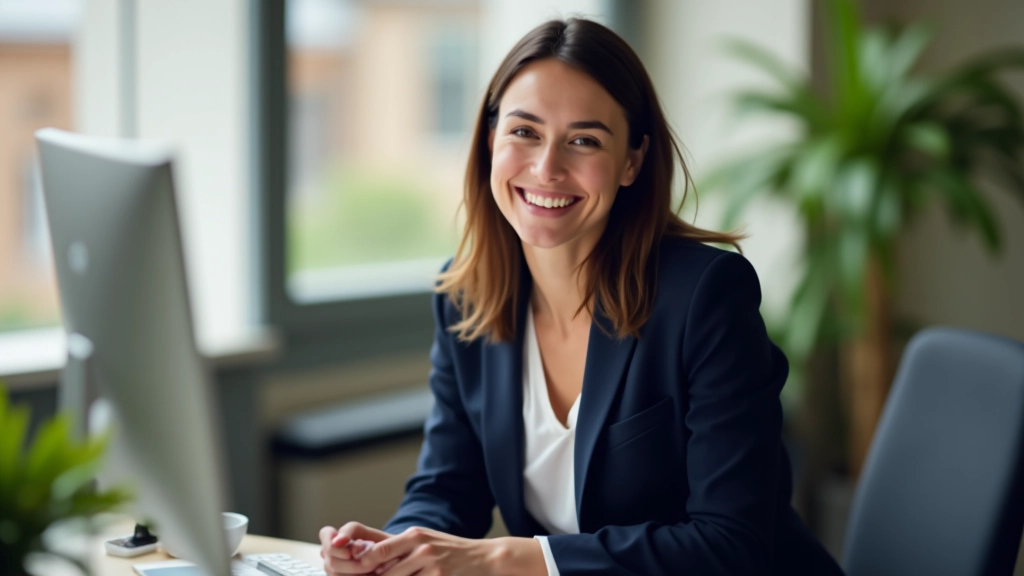 Femme professionnelle âgée de 35 ans, complètement vêtue d'un blazer bleu, en appel vidéo à son bureau moderne, sourire confiant