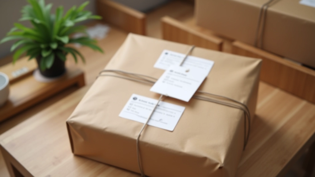 Colis bien emballé avec papier kraft et étiquettes d'expédition sur une table de travail avec des fournitures d'emballage organisées à proximité